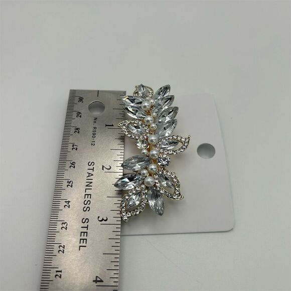 Faux Pearl Golden Hair Barrette Statement Silver Tone Leaves Natural Rhinestone - Picture 6 of 8
